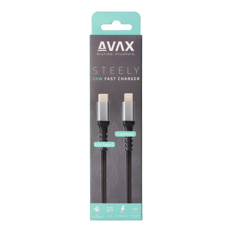 AVAX CB402G STEELY Type C-Lightning 20W, 1.5m fast charger, braided cable, 3A, steel-grey