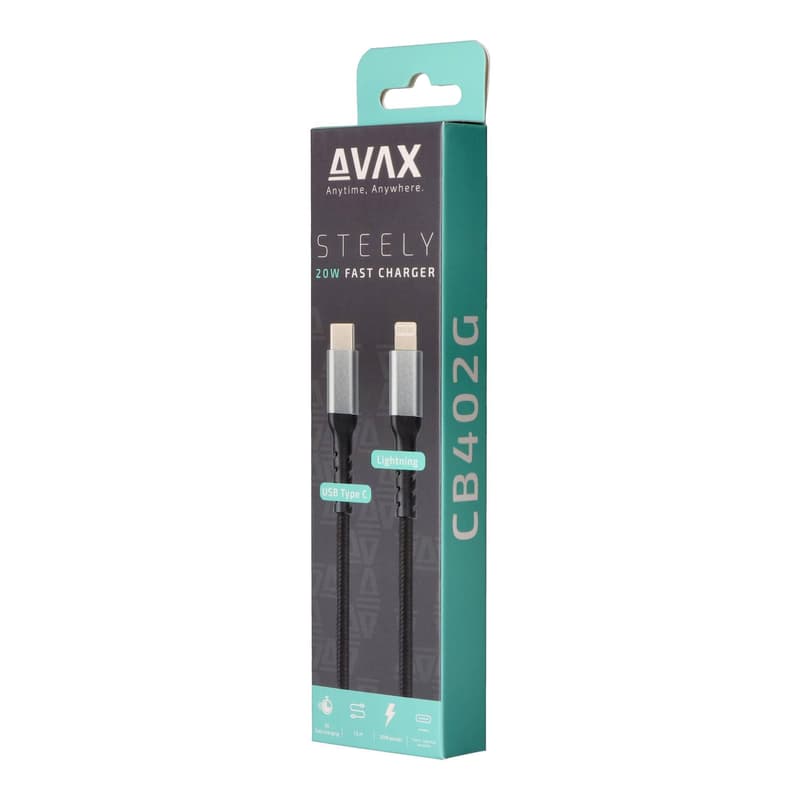AVAX CB402G STEELY Type C-Lightning 20W, 1.5m fast charger, braided cable, 3A, steel-grey