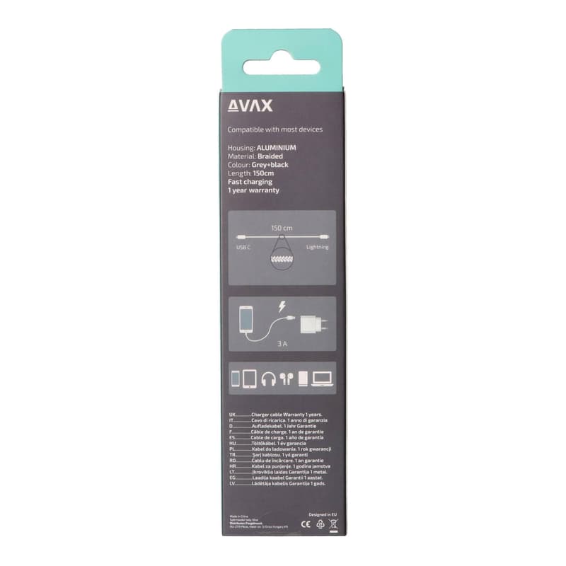 AVAX CB402G STEELY Type C-Lightning 20W, 1.5m fast charger, braided cable, 3A, steel-grey