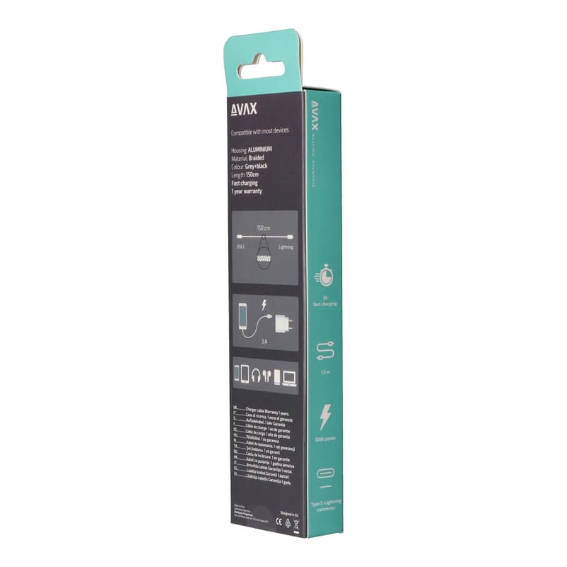 AVAX CB402G STEELY Type C-Lightning 20W, 1.5m fast charger, braided cable, 3A, steel-grey