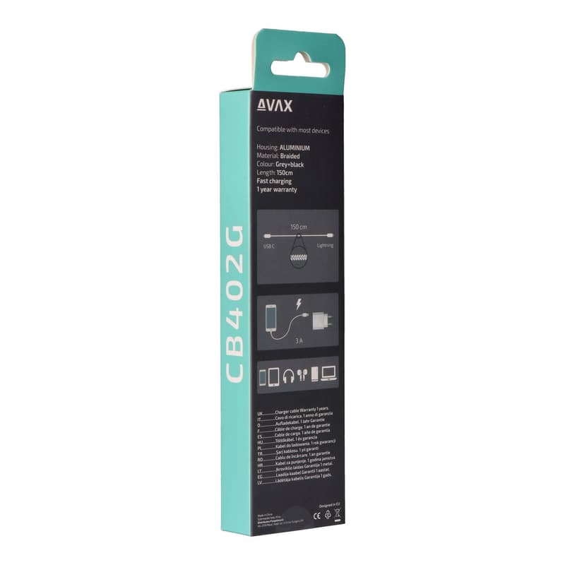 AVAX CB402G STEELY Type C-Lightning 20W, 1.5m fast charger, braided cable, 3A, steel-grey