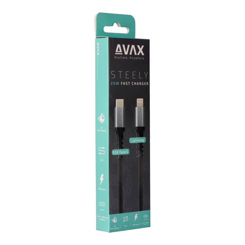 AVAX CB402G STEELY Type C-Lightning 20W, 1.5m fast charger, braided cable, 3A, steel-grey
