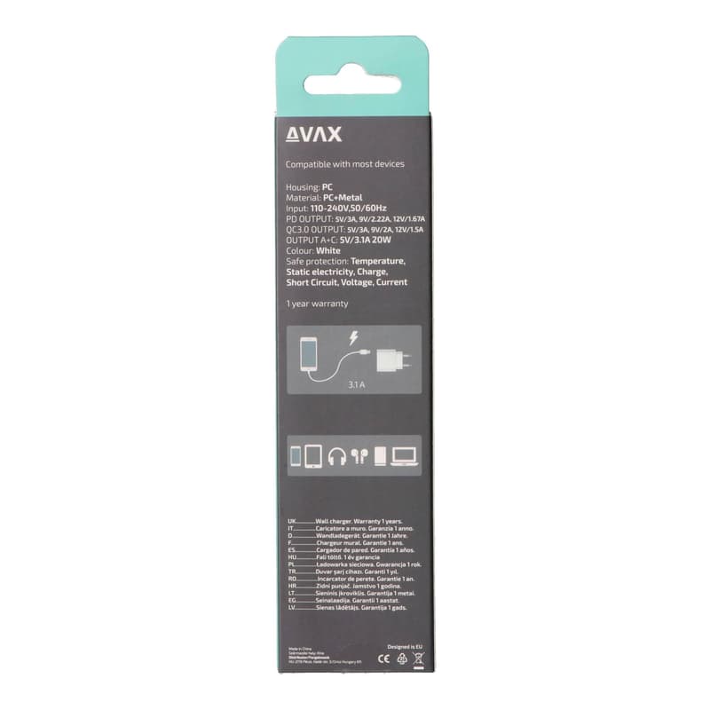 AVAX CH-320 Hálózati fali töltő USB + Type C, 20W