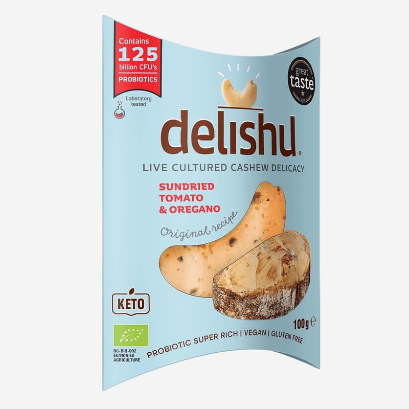 Delishu Fermented, Cashew-based Fresh Cheese Alternative with Sun-dried Tomatos and Oregano