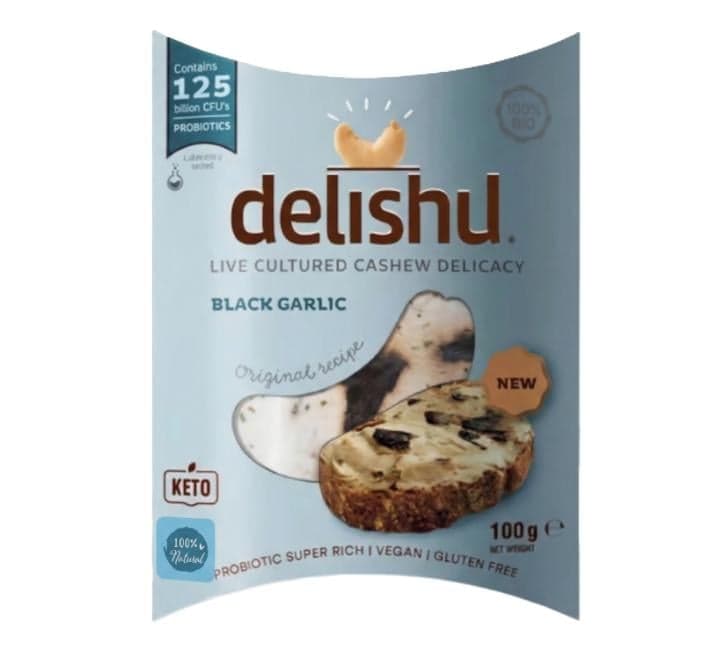 Delishu Fermented, Cashew-based Fresh Cheese Alternative with Black Garlic
