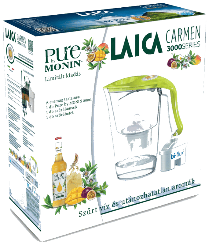 LAICA Carmen Norma zöld vízszűrő kancsó mechanikus kijelzővel 2,3 L_limitált Monin Pure 50 ml kiadás