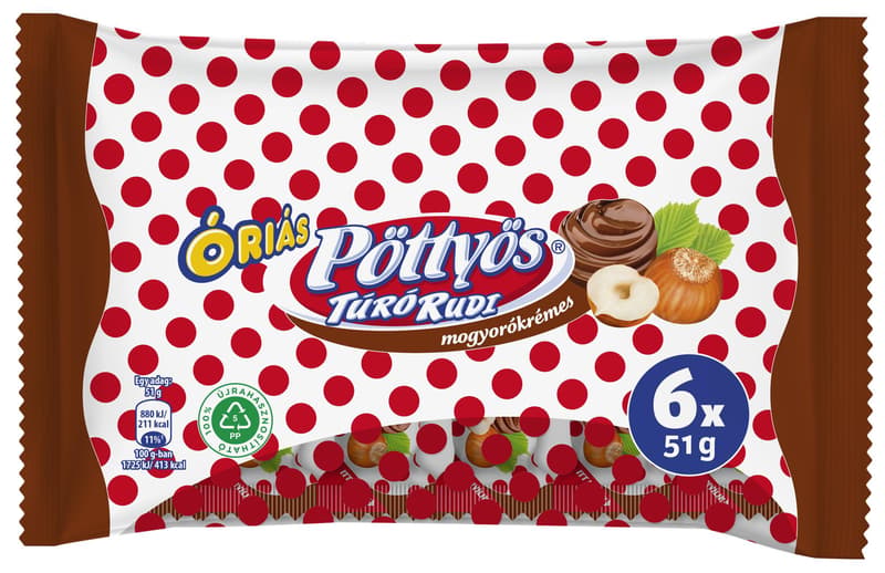 Pöttyös Óriás Túró Rudi mogyorókrémes túródesszert kakaós étbevonattal (6×51G)