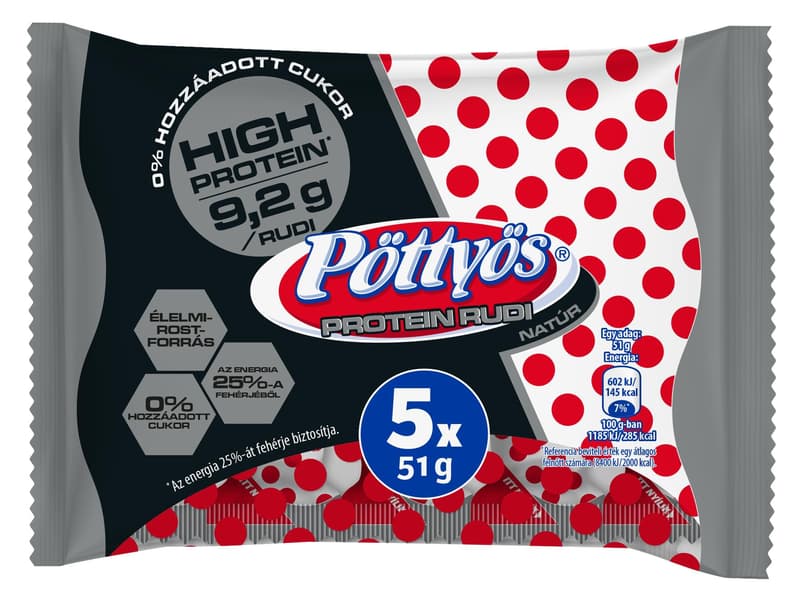 Pöttyös Rudi protein bar natural, 0% added sugar (5×51G)
