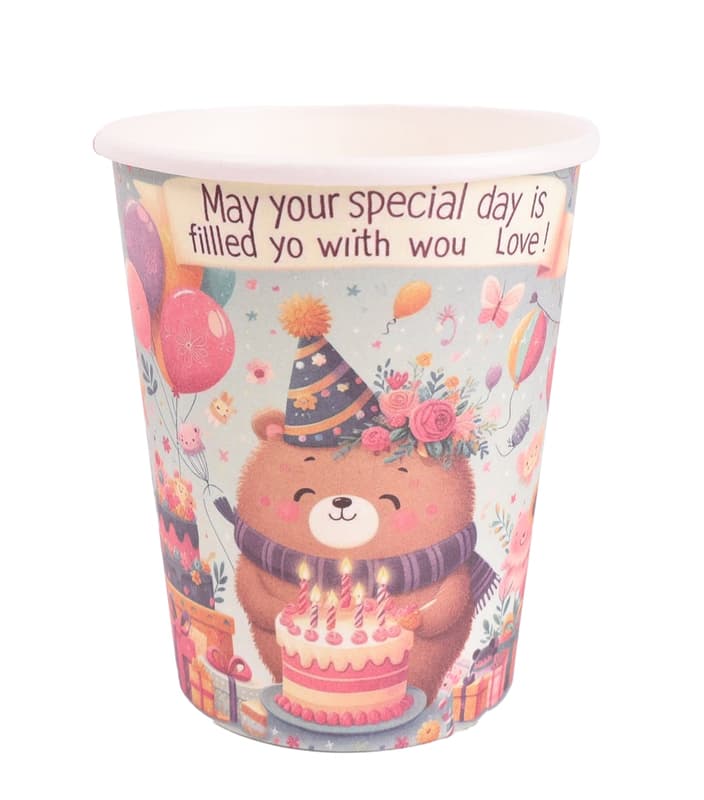 Paper cup Happy Birthday bear 2.7 dl, 10 pcs