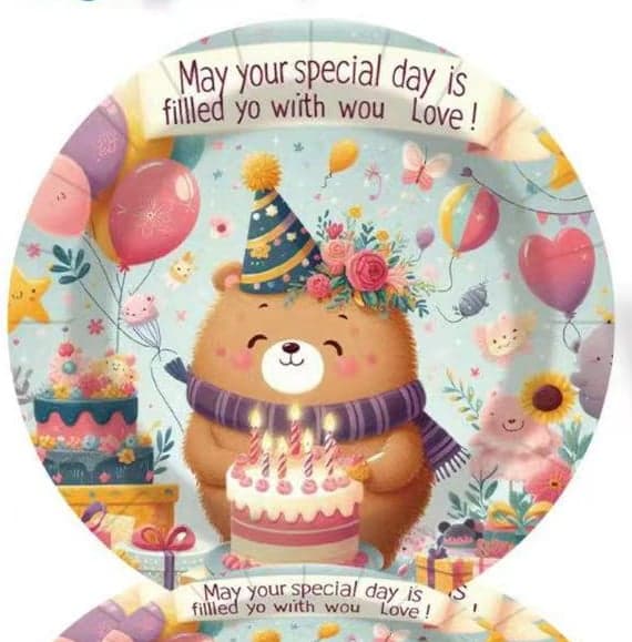 Paper plate Happy Birthday bear 23 cm, 10 pcs
