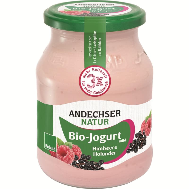 Andechser Bio gyümölcsjoghurt málna-bodza 3,7% üvegben