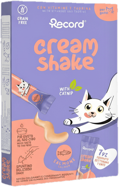 Record Cream Shake nedves jutalomfalat macskáknak, lazac és macskamenta 7x12 g