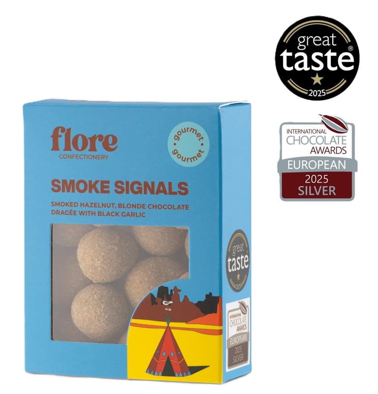 Flore Confectionery Smoke Signals dragée: Smoked hazelnut, dark and blond chocolate dragée