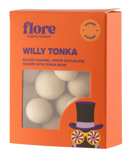 Flore Confectionery Willy Tonka dragée: caramel, white chocolate dragée with tonka bean