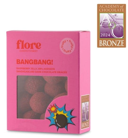 Flore Confectionery BangBang! dragée: Raspberry jelly, 69% Åkesson (Madagascar) dark chocolate dragée