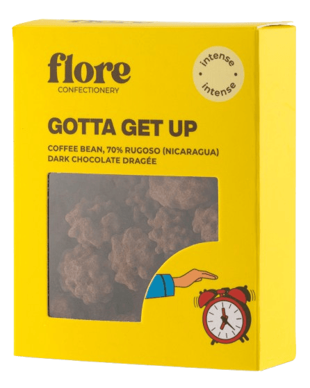 Flore Confectionery Gotta Get Up dragée: coffee bean, Rugoso drak chocolate dragée with cinnamon and cardamom