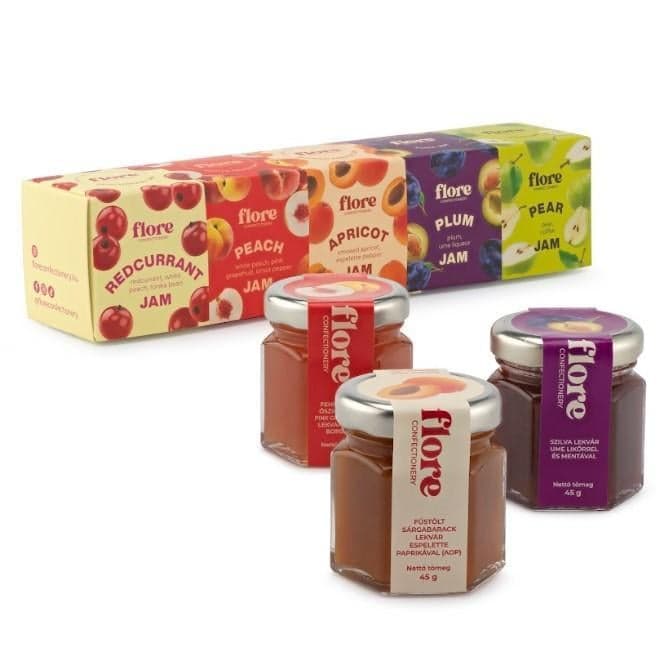 Flore Confectionery limited lekvár válogatás díszdobozban (ribizli, kajszibarack, sárgabarack, szilva, körte)