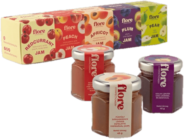 Flore Confectionery limited lekvár válogatás díszdobozban (ribizli, kajszibarack, sárgabarack, szilva, körte)