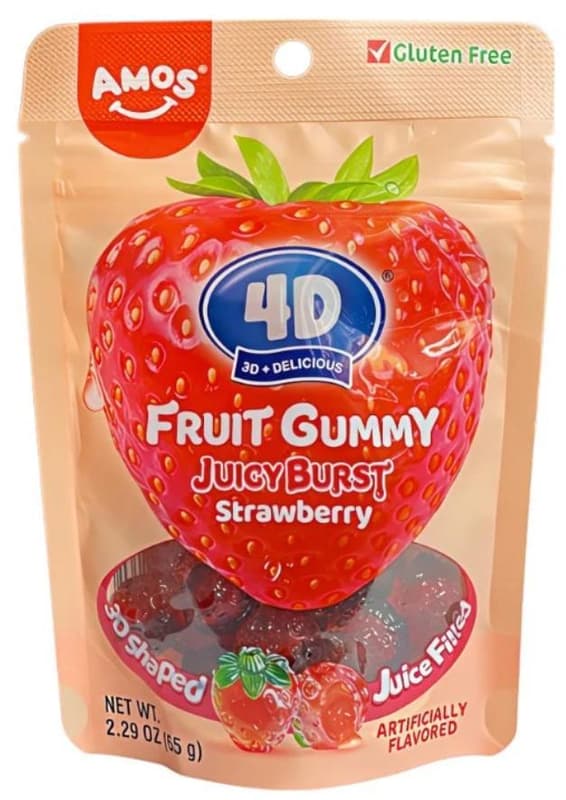 Amos 4D Fruity Gummy Strawberry eperlével töltött gumicukor
