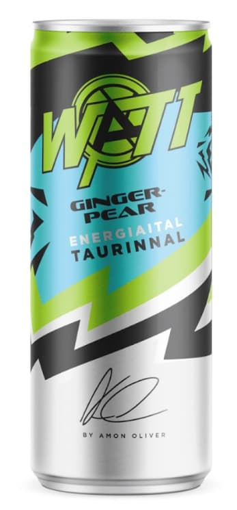 Watt x Ámon Olivér Ginger and pear-flavored carbonated energy drink with caffeine, taurine and vitamins.