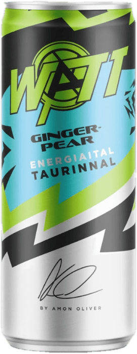 Watt x Ámon Olivér Ginger and pear-flavored carbonated energy drink with caffeine, taurine and vitamins.