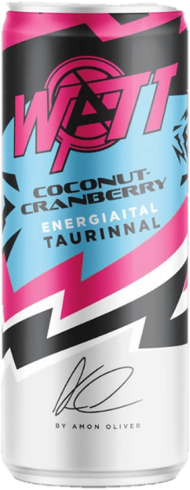 Watt x Ámon Olivér Coconut and cranberry-flavored carbonated energy drink with caffeine, taurine and vitamins.