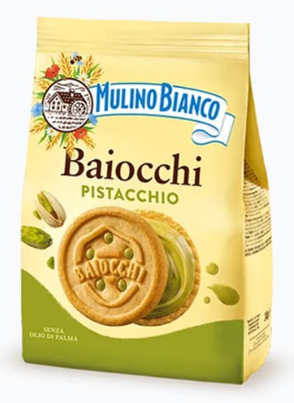 Mulino Bianco Baiocchi biscuits filled with pistachio cream