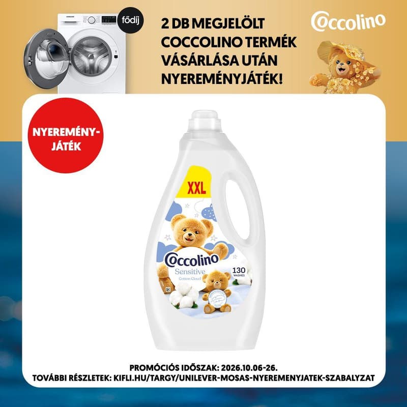 Coccolino Sensitive Cotton Cloud öblítő érzékeny bőrre, 130 mosás, 2990 ml