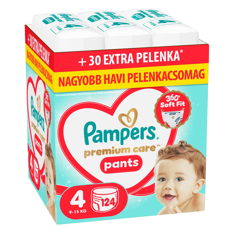 Pampers Premium Care Pants Bugyipelenka, Havi Pelenkacsomag, Méret: 4 (9-15 kg) 124 db