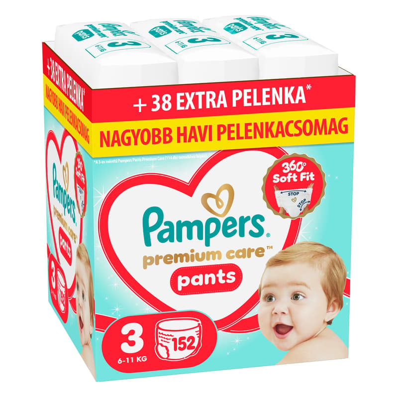 Pampers Premium Care Pants Bugyipelenka, Havi Pelenkacsomag, Méret: 3 (6-11 kg) 152 db