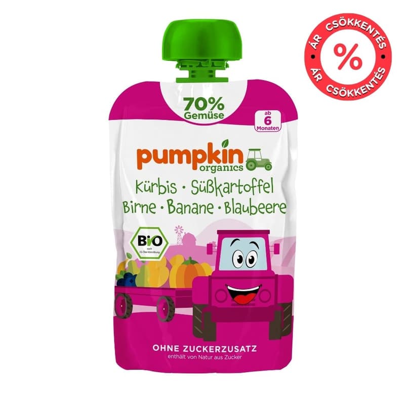Pumpkin Organics Bio Sütőtök, édesburgonya, körte, banán, áfonya püré 6 hó+ (70%)