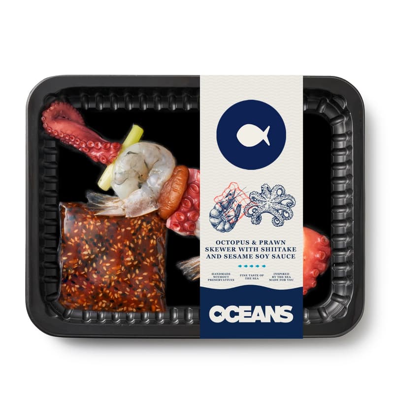 OCEANS Octopus & prawn skewer with shiitake and sesame soy sauce