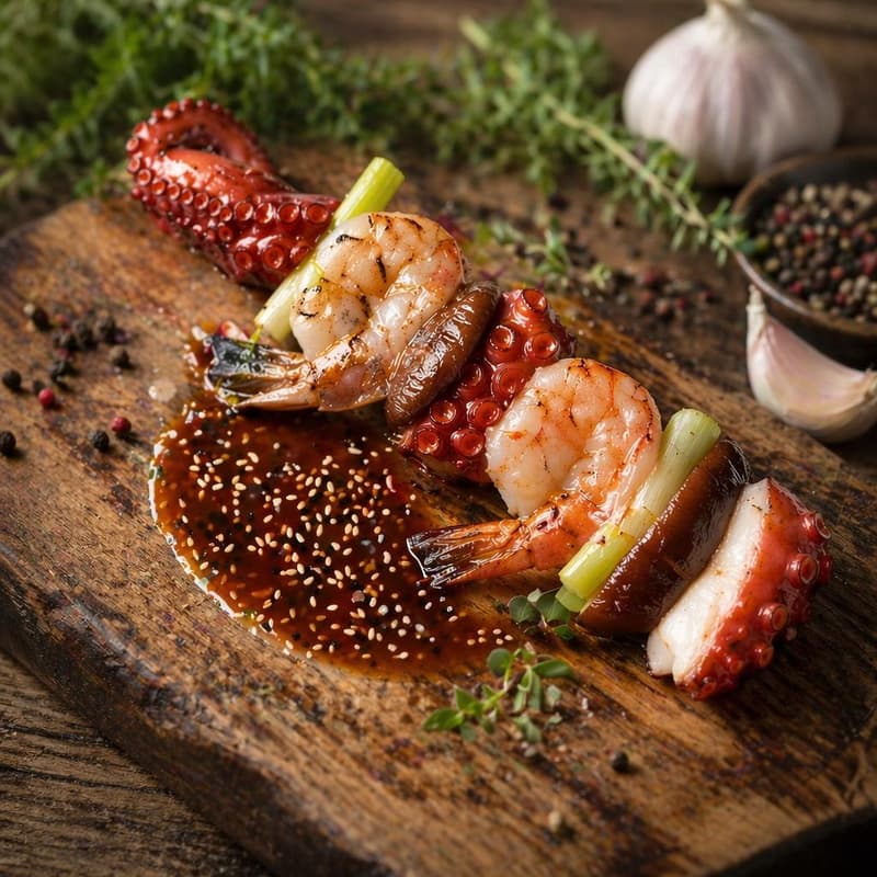 OCEANS Octopus & prawn skewer with shiitake and sesame soy sauce