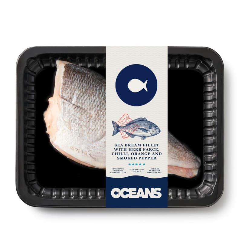 OCEANS Sea bream fillet with herb farce, chilli, orange and smoked pepper