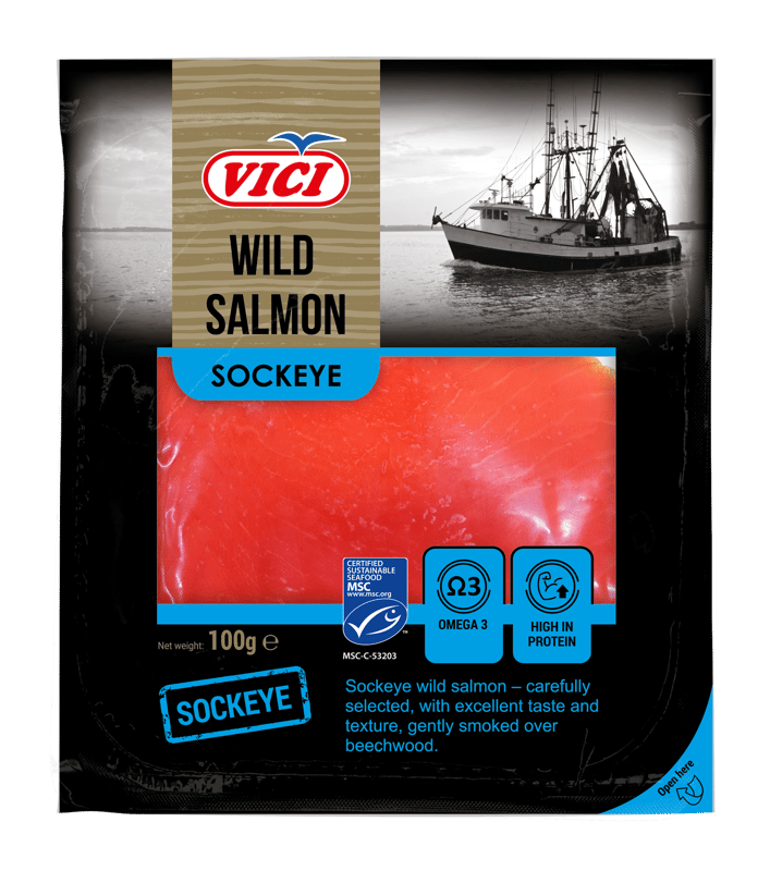 MSC Chilled Cold smoked sockeye salmon fillet, sliced, vac, 10x100g
