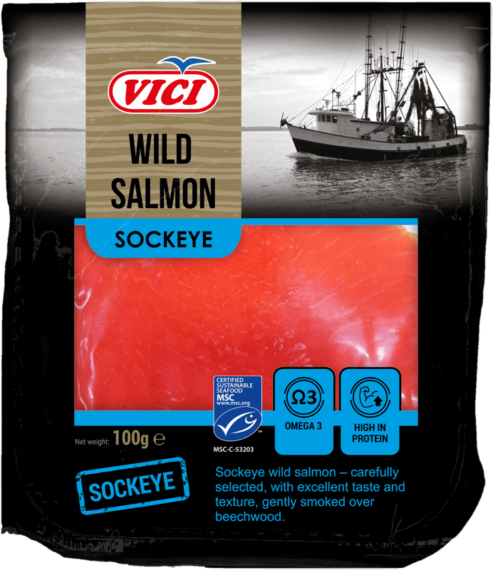 MSC Chilled Cold smoked sockeye salmon fillet, sliced, vac, 10x100g