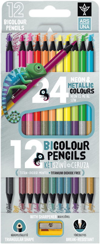Ars Una 12/24 neon-metál bicolor, háromszögletű színes ceruzakészlet kétszínű véggel, hegyezővel