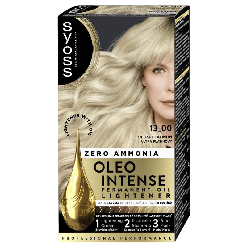 Syoss Oleo Intense Permanent Oil Lightener 13-00 Ultra Platinum, Ammonia Free Hair Lightener, Lightener with Oil, Up to 8 Levels of Lift, 80% Less Hair Breakage*