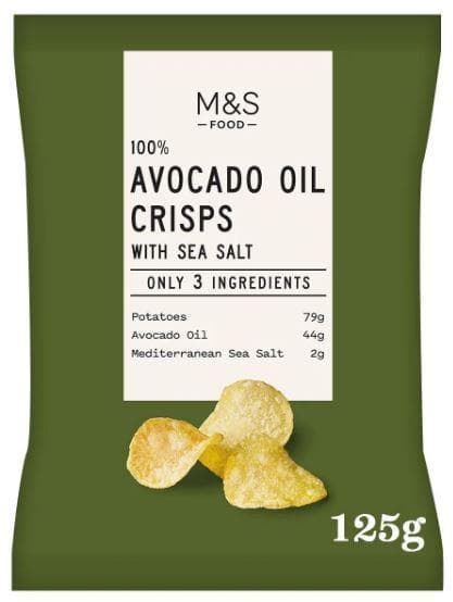 Marks & Spencer Burgonyachips, avokádóolajban (35%) sütve, tengeri sóval ízesítve