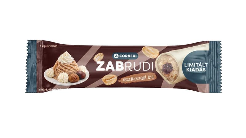 Cornexi zabrudi - gesztenyés, vaníliaízű töltelékkel töltött gesztenyeízű zabrúd, fehér bevonattal