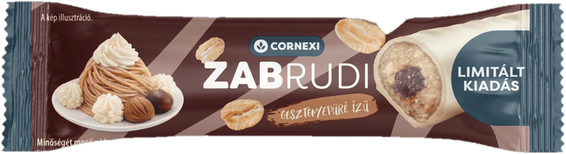 Cornexi zabrudi - gesztenyés, vaníliaízű töltelékkel töltött gesztenyeízű zabrúd, fehér bevonattal