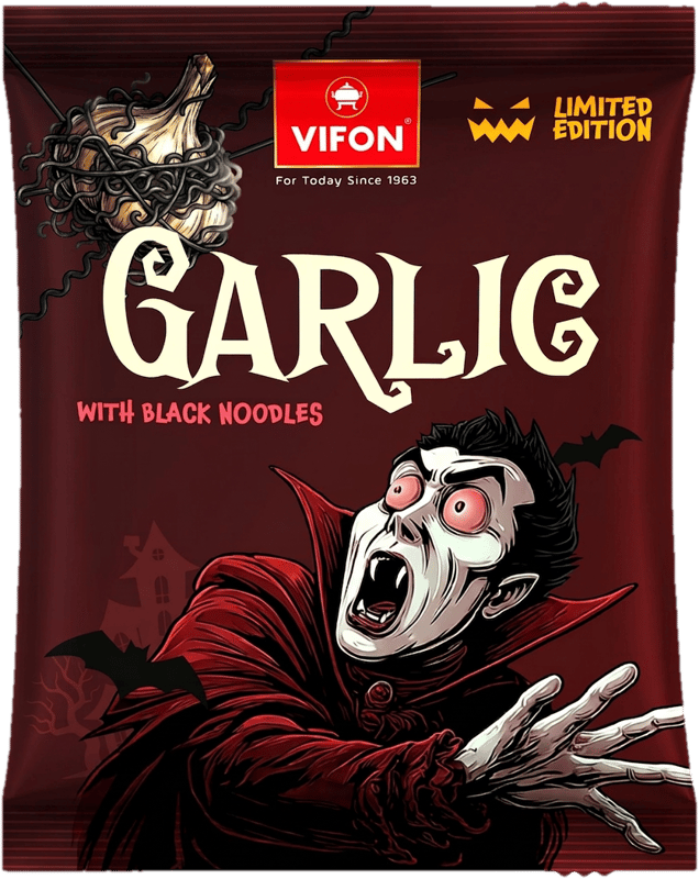 Vifon Halloween Fokhagymás ízesítésű instant leves fekete tésztával (enyhén fűszeres)