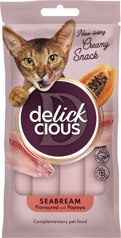 DELICKCIOUS™ krémes jutalomfalatok tengeri sügér - papaya ízben 4x15g
