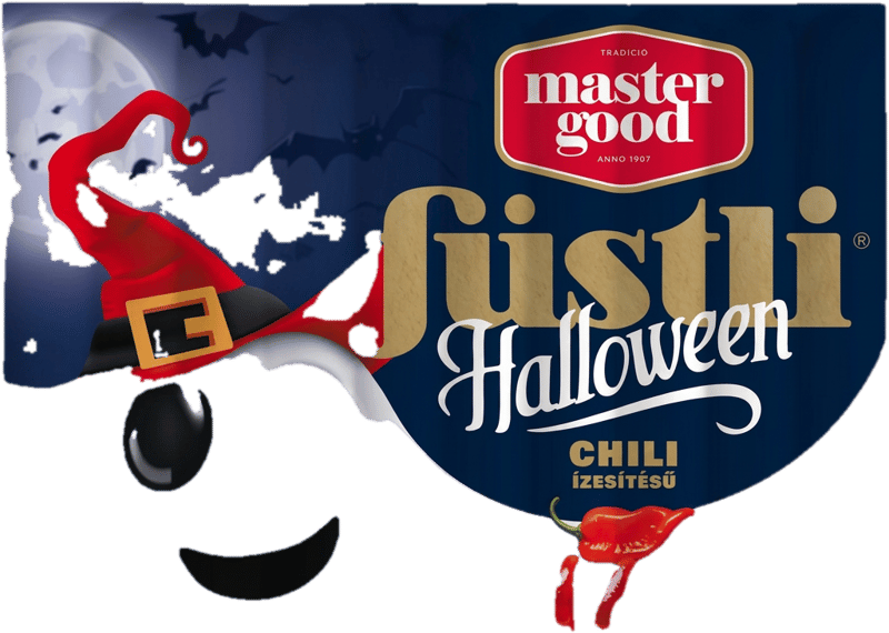 Master Good Halloween Füstli Édes chilis ízesítésű füstölt virsli csirkehúsból, tejföllel dúsítva, feketére színezve