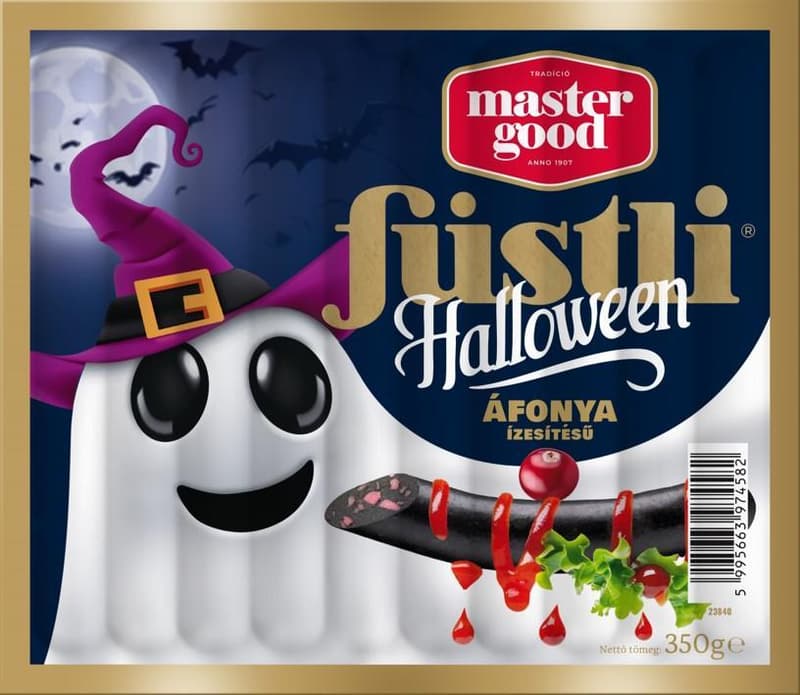 Master Good Halloween Füstli Vörösáfonya ízesítésű füstölt virsli csirkehúsból, tejföllel dúsítva, feketére színezve