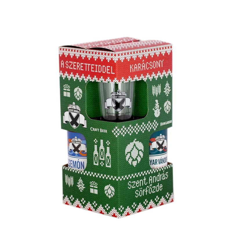 Szent András Sörválogatás Karácsonyi díszdobozban 1db 2 dl üvegpohárral