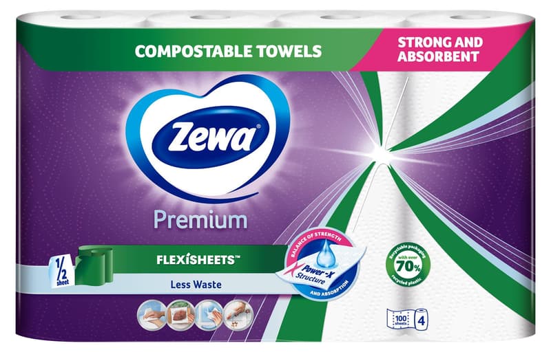 Zewa Premium Flexisheets 3ply kitchen towel 4 rolls 100 x ½ sheet