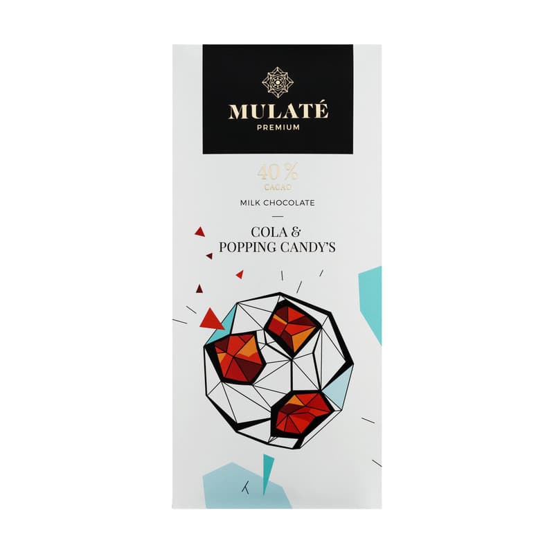 Mulate cola flavored milk chocolate with popping candy's, 90 g