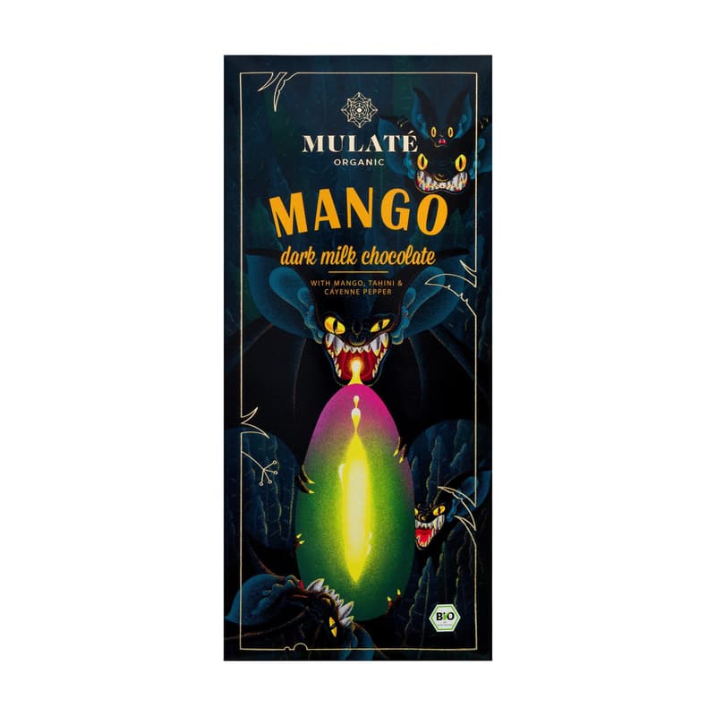 Mulate Organic dark milk chocolate with mango, tahini, and cayenne pepper, 30 g