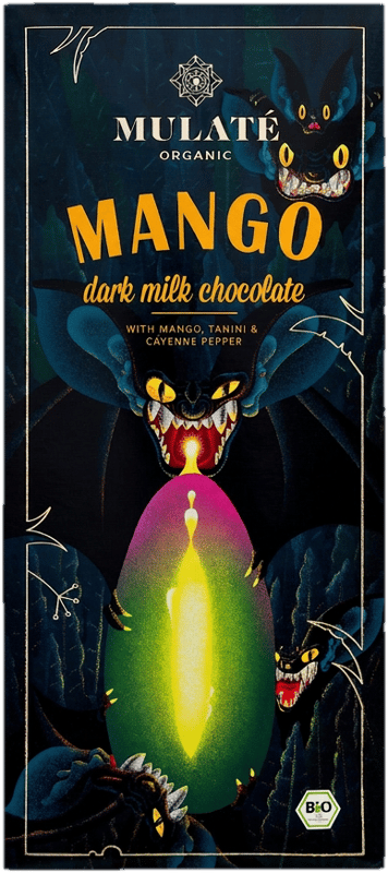 Mulate Organic dark milk chocolate with mango, tahini, and cayenne pepper, 30 g